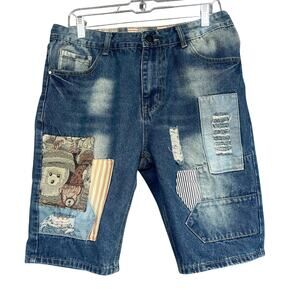 Patchwork Denim Shorts Mens 34 Bear Striped Distressed Checkerboard Jean Pockets